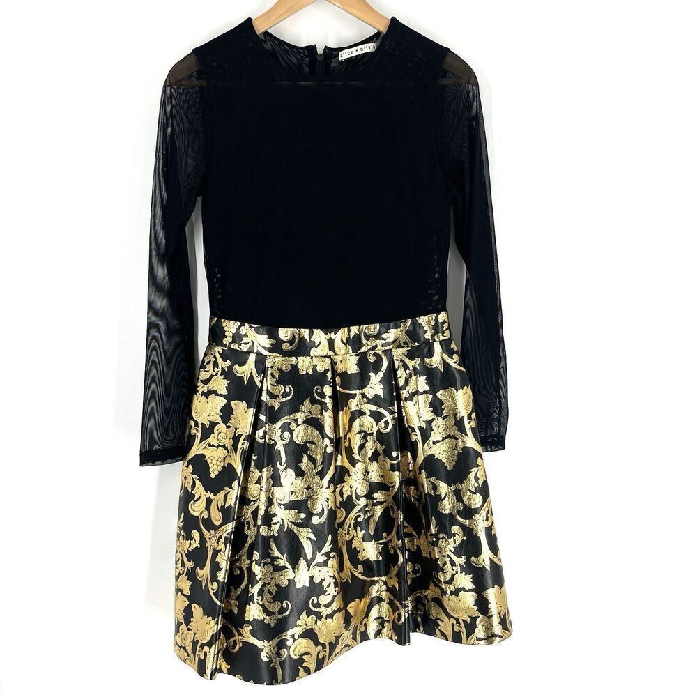 Alice + Olivia Chara Dress Size 6 Black Gold Mesh Faux Leather Cocktail Party